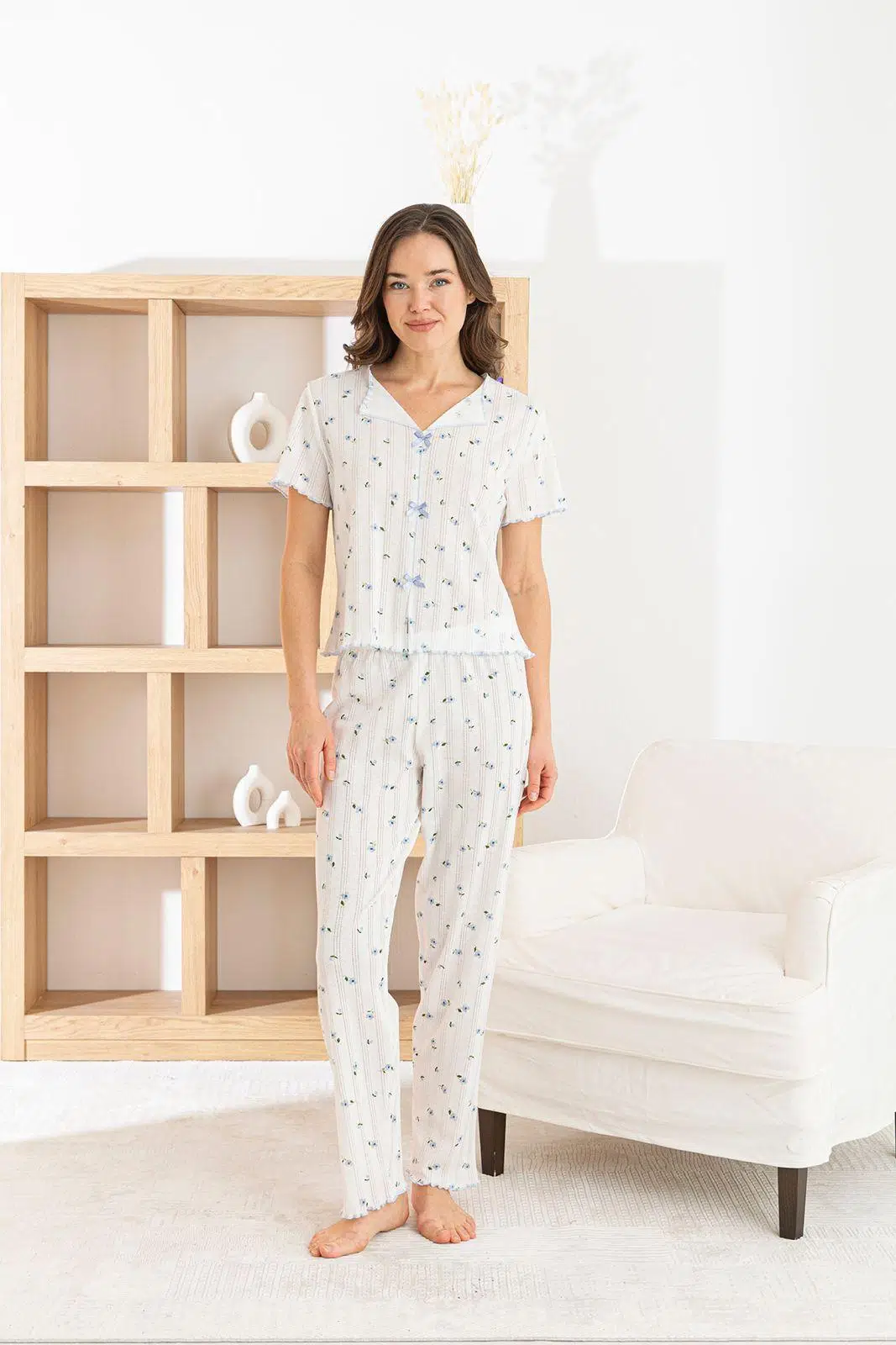 Venice Dream %100 Pamuk Minimal Desenli Kadın Pijama TakımıNefes Alabilir, Rahat Ev Giyim Seti - Mavi 