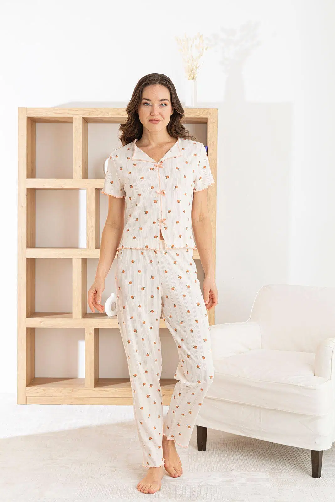 Venice Dream %100 Pamuk Minimal Desenli Kadın Pijama TakımıNefes Alabilir, Rahat Ev Giyim Seti - Turuncu