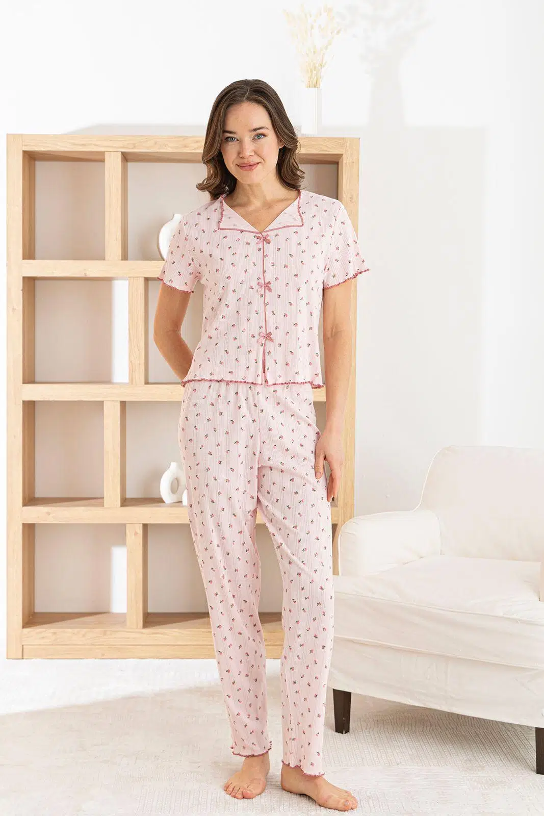 Venice Dream %100 Pamuk Minimal Desenli Kadın Pijama TakımıNefes Alabilir, Rahat Ev Giyim Seti - Pembe