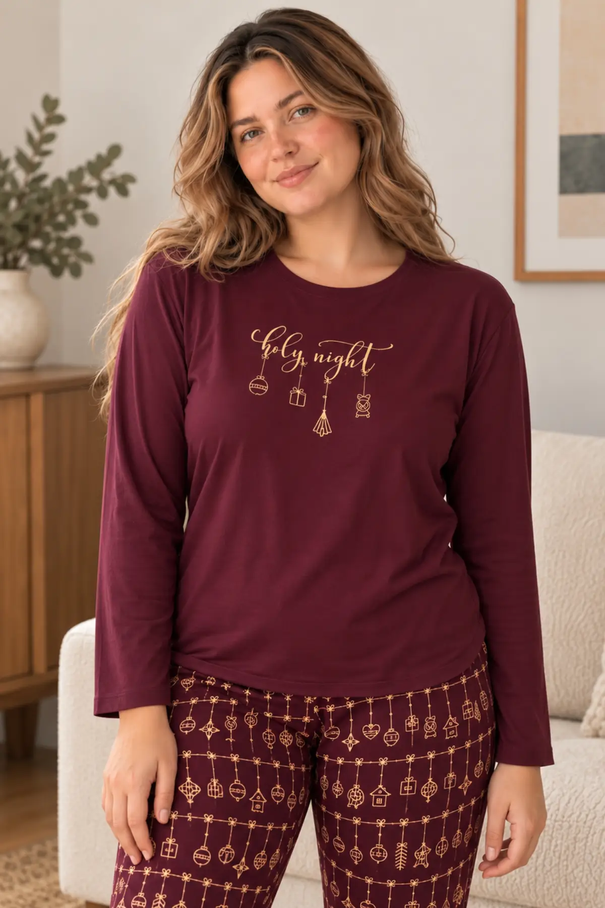 Kadın Büyük Beden Kışlık Pijama Takımı Elegant Yeni Yıl Desenli Soft Dokulu Sıcak Tutan Şık ve Zarif Ev Giyim - Somon