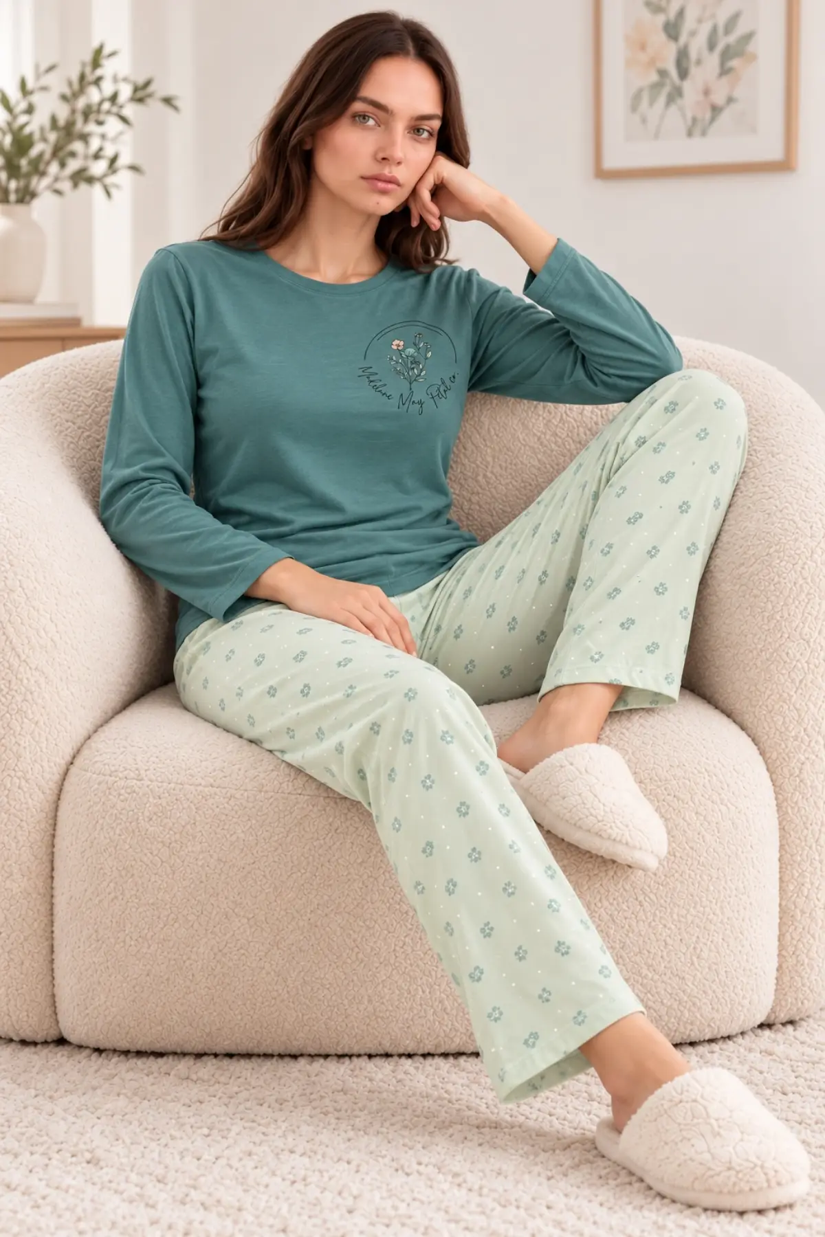 Kadın Premium Modal Penye Pijama Takımı %100 Pamuk Soft Yumuşak Dokulu Uzun Kollu Baskılı Desenli Alt Üst 2'li