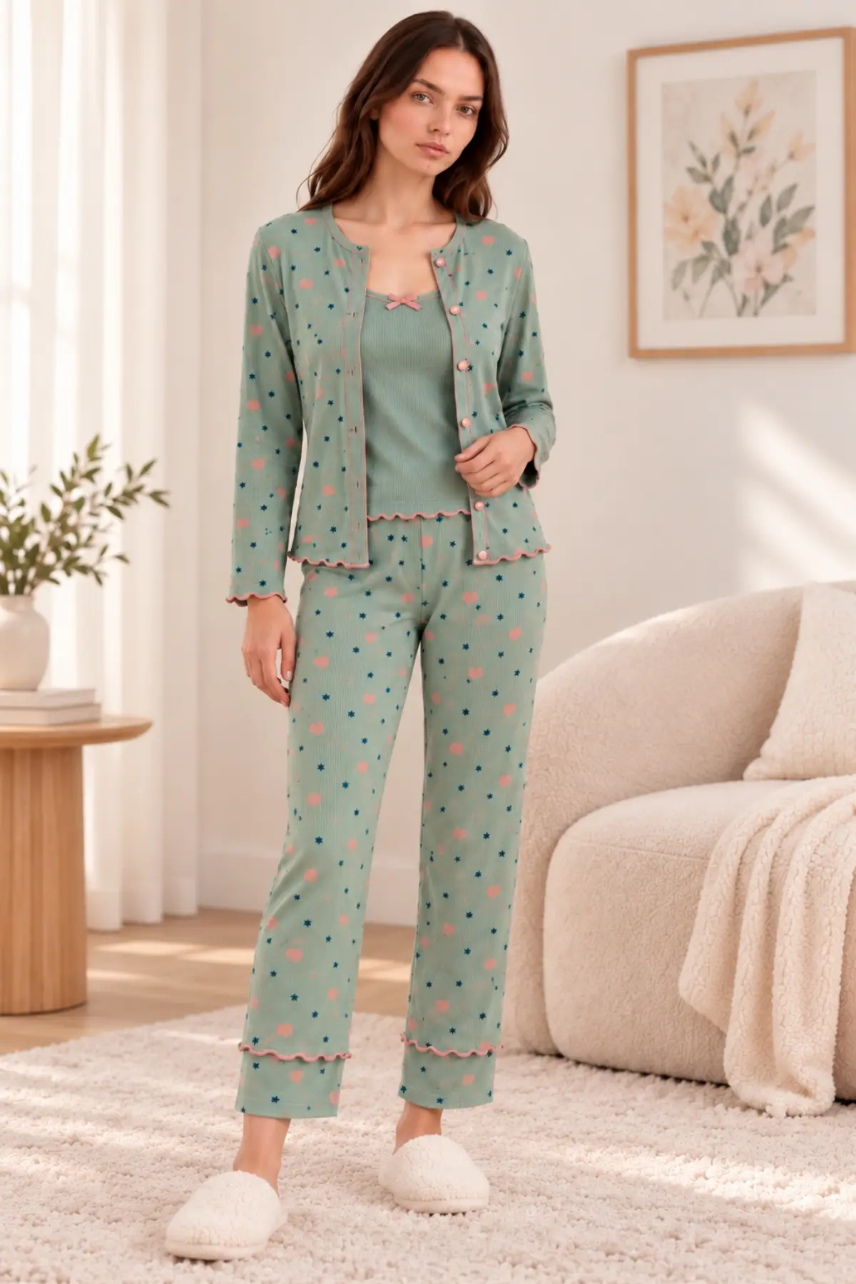 Kadın Premium Soft 3 Parça Pijama Takımı – Pinterest Tarzı Desenli, Yumuşak Dokulu, Düğmeli Hırkalı Şık Ev Giyim Seti - Yesil