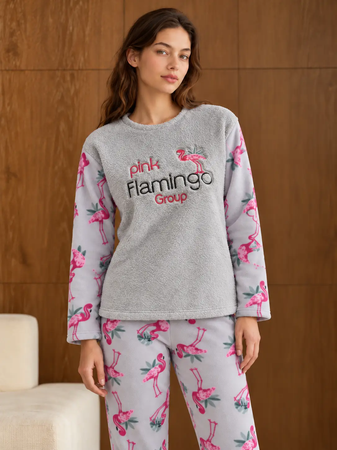 Kışlık Uzun Kollu Bayan Peluş Polar Pijama Takımı İpeksi Doku - Yesil