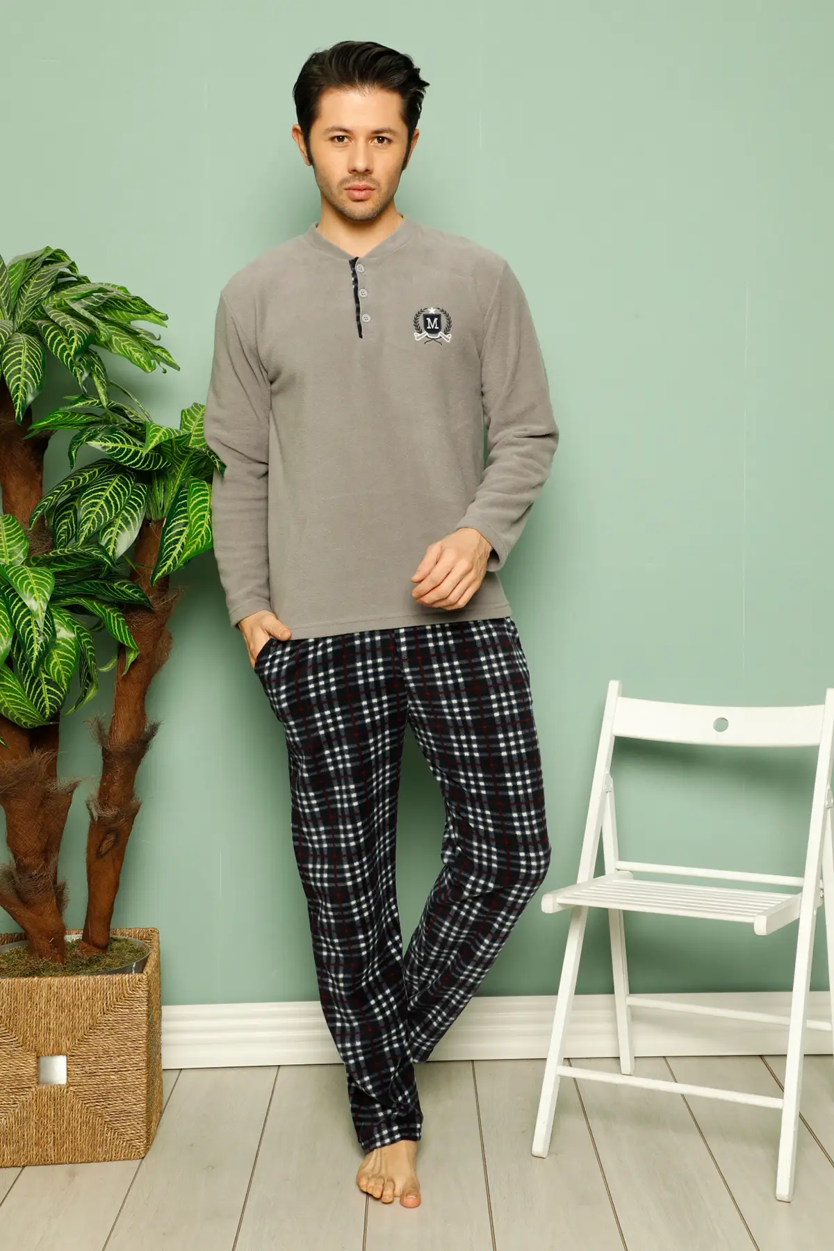 Nisanca 3 Renk Kışlık Erkek Polar Pijama Takımı - Füme