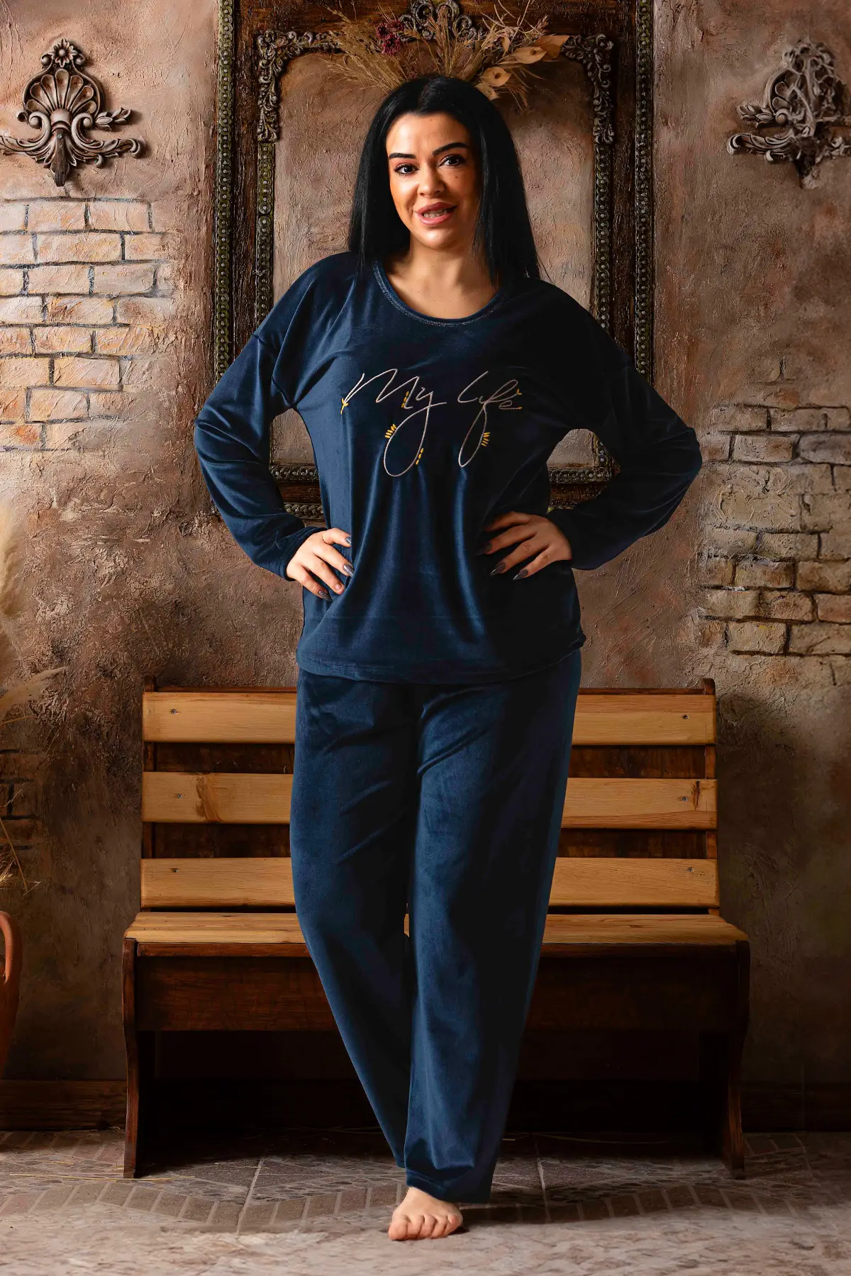 Nisanca Büyük Beden Kadife Kadın Pijama Takımı - Süper Soft Kadife - Lacivert