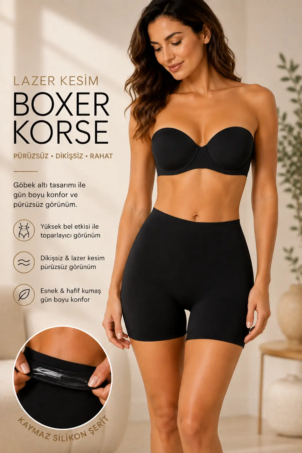Kadın Yüksek Bel Toparlayıcı Lazer Kesim İz Yapmayan Boxer Şort Korse - Siyah