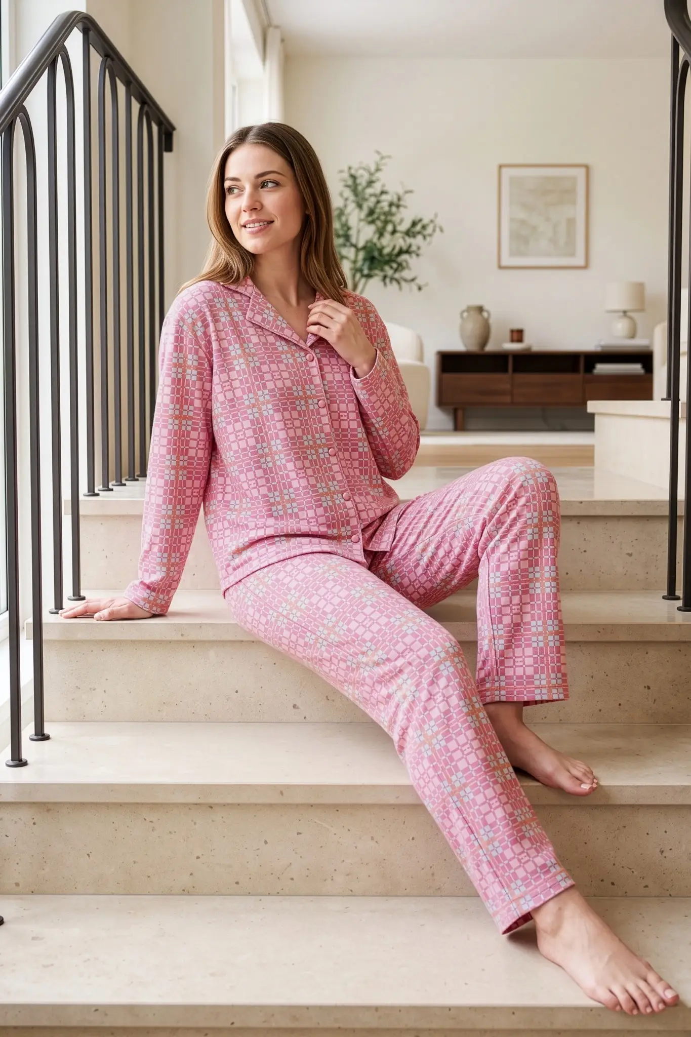 Nisanca Kışlık Düğmeli Ekose Desen Yılbaşı Temalı Kadın Süet Pijama Takımı - Pembe