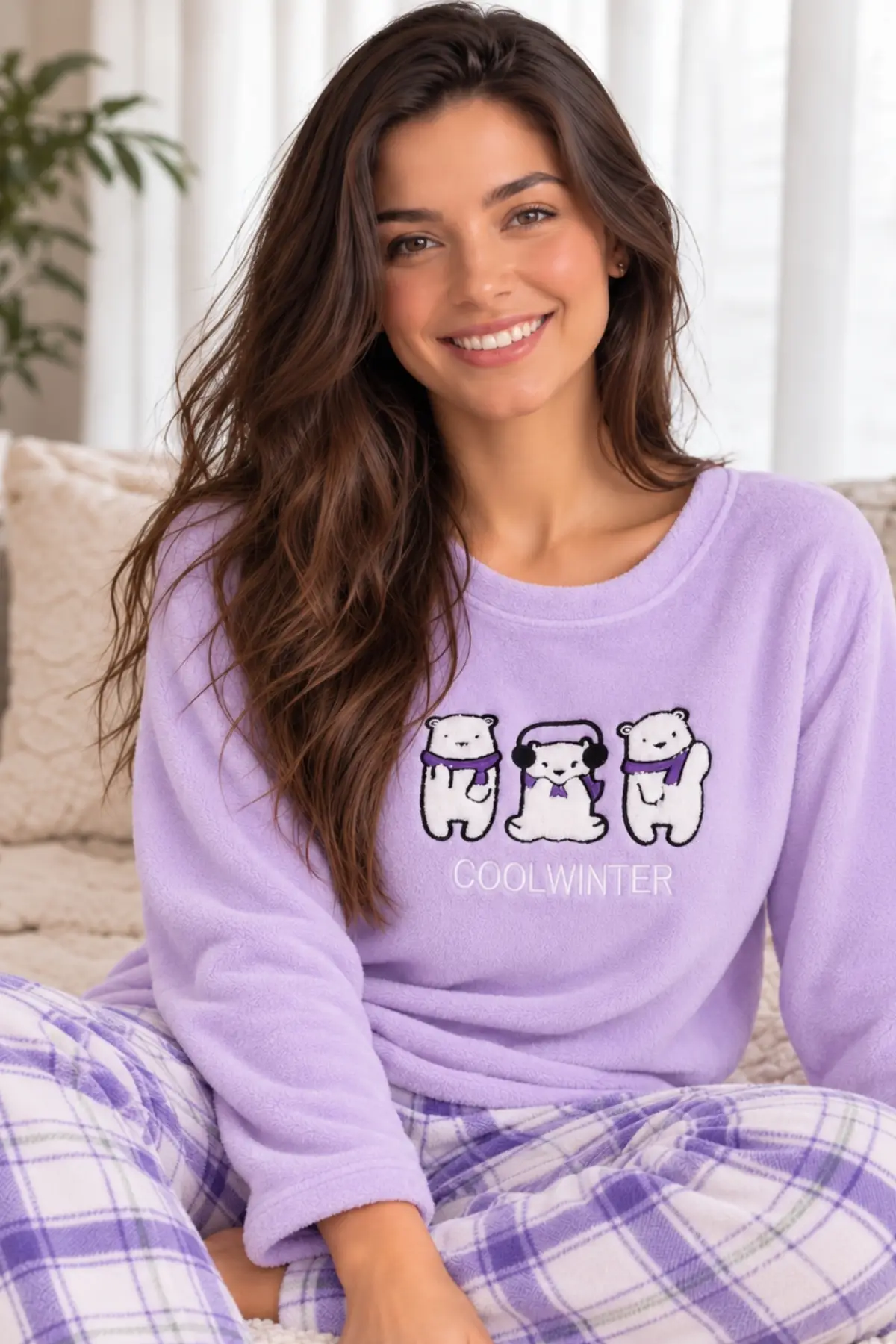 Kadın Basic Kışlık Pijama Takımı Uzun Kollu Yumuşak Dokulu Bisiklet Yaka Rahat Kesim Jogger Paça 2'li Ev Giyim Takımı - Füme