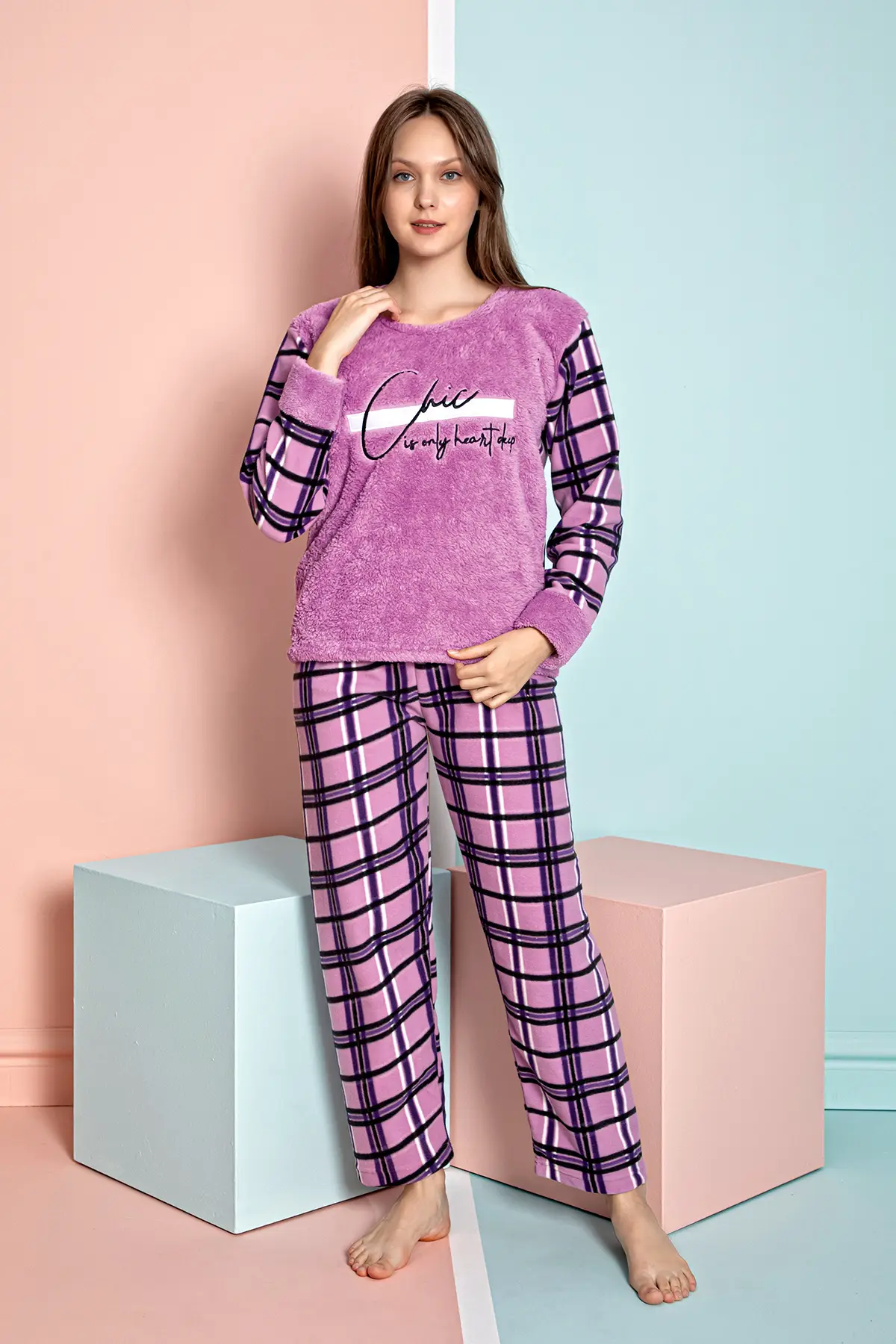 Kadın Basic Kışlık Pijama Takımı Uzun Kollu Yumuşak Dokulu Bisiklet Yaka Rahat Kesim Jogger Paça 2'li Ev Giyim Takımı - Mor