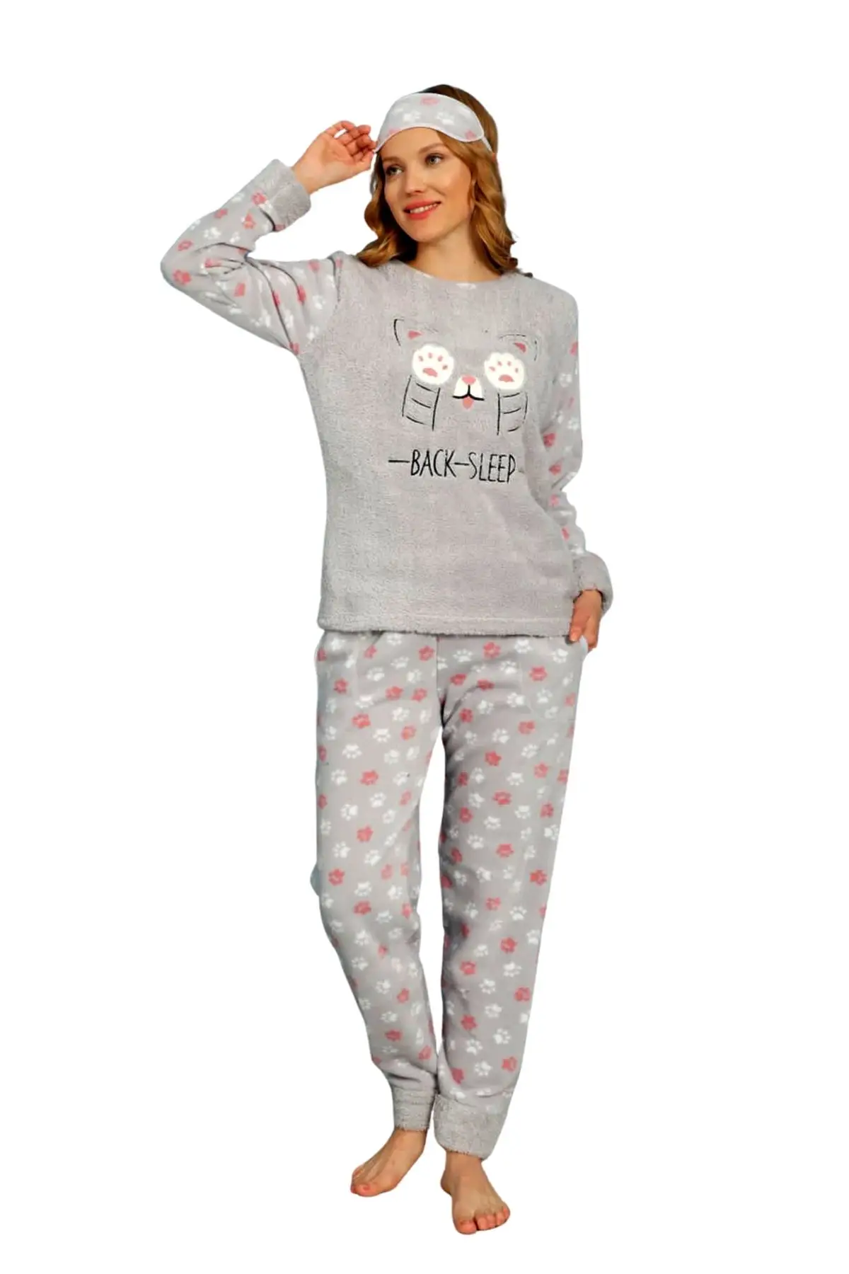 Nisanca Kışlık Peluş Polar Yılbaşı Temalı Kadın Pijama Takımı - Füme