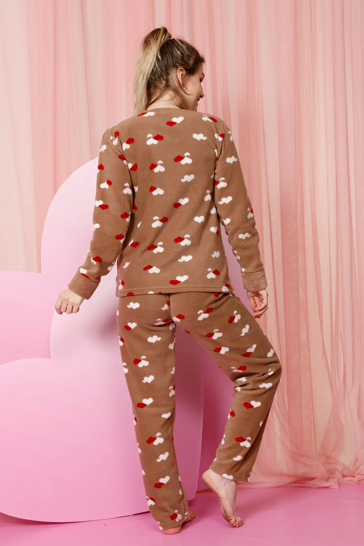 Nisanca Kışlık Peluş Polar Yılbaşı Temalı Kadın Pijama Takımı - Kahve