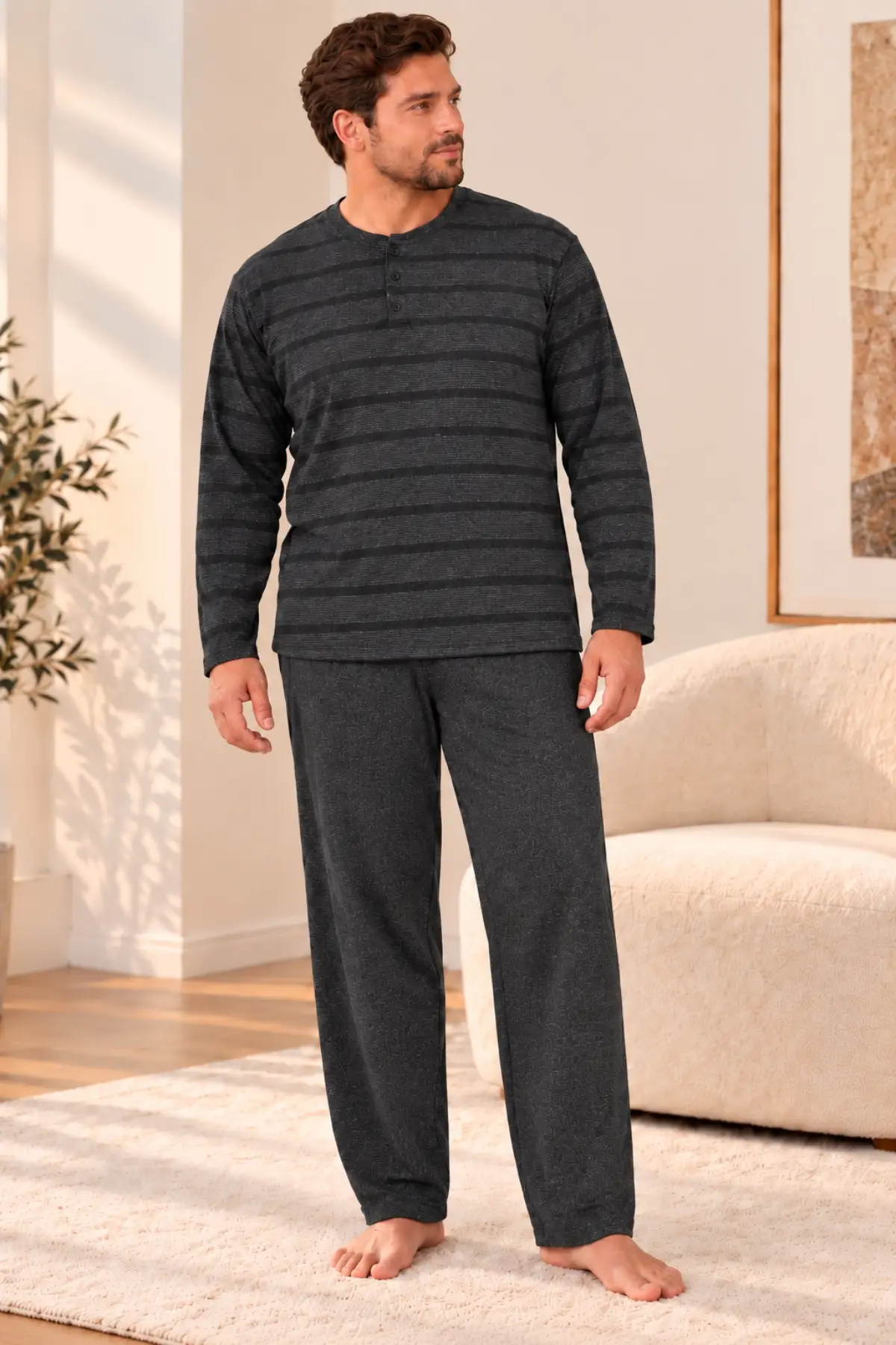 Büyük Beden Premium Soft Erkek Pijama Takımı Yumuşacık Dokulu Uzun Kollu Düğmeli Yaka Çizgili Kışlık Pijama