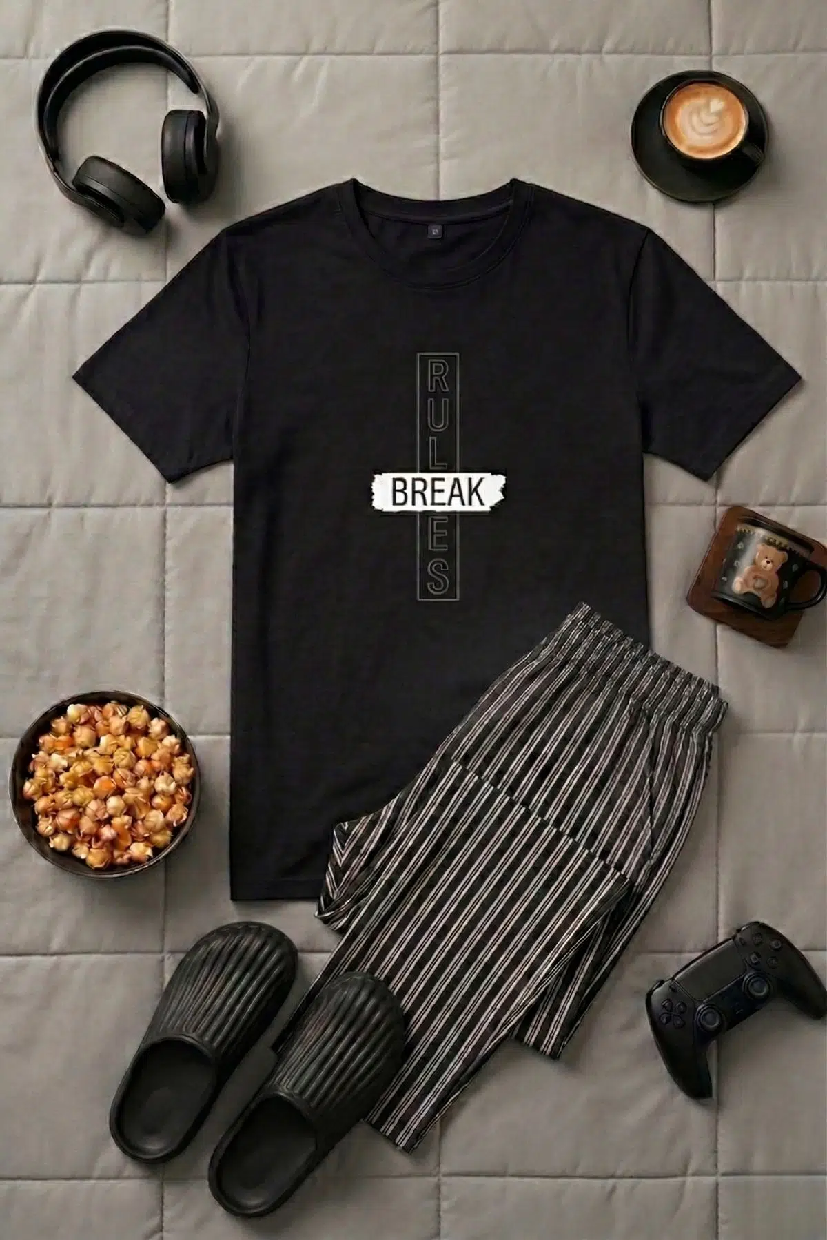 Nisanca Yazlık Kısa Kol %100 Pamuk Erkek Pijama Takımı - Babalar Günü Özel Seri - Siyah