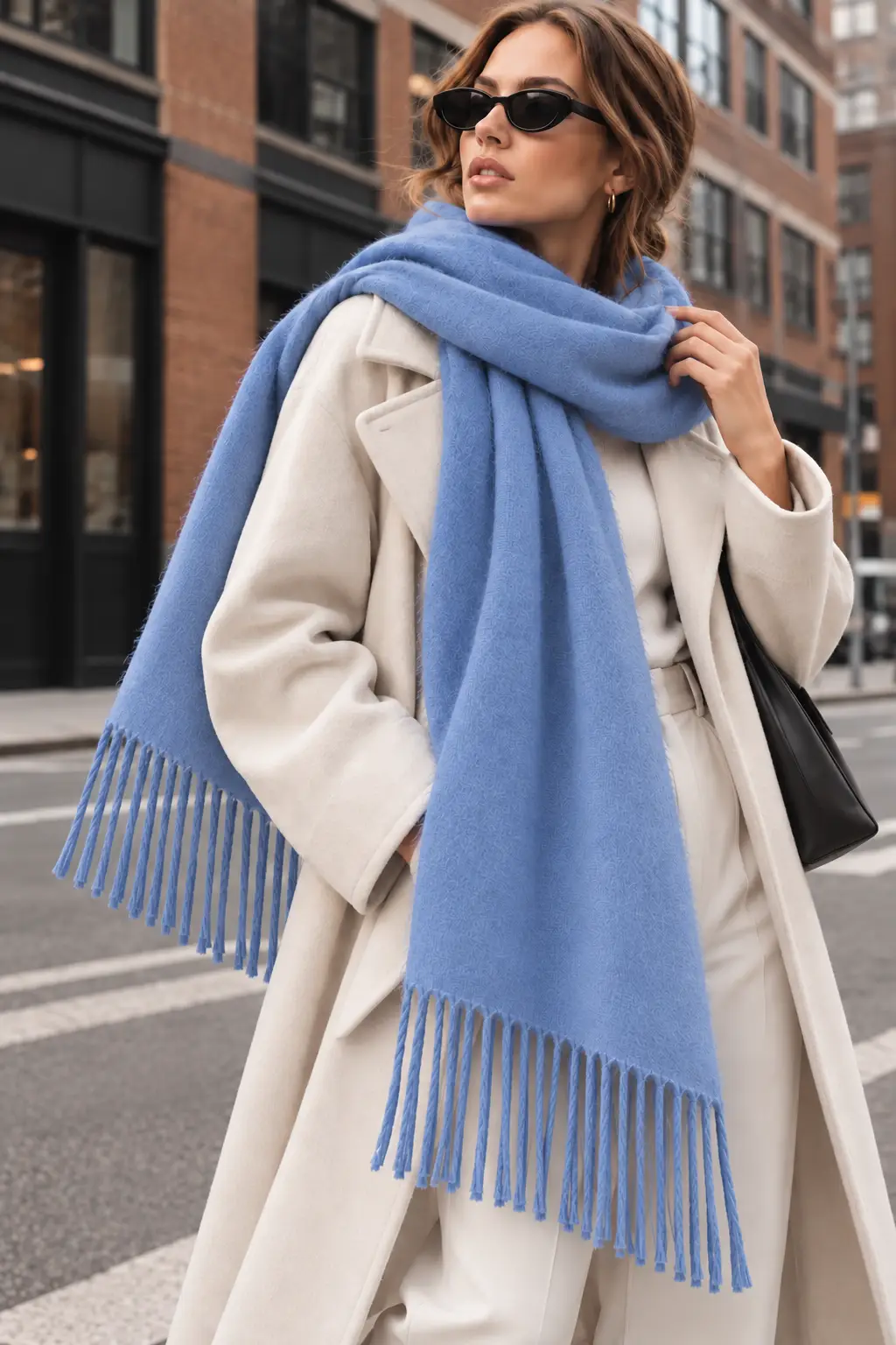 Soft Feel Kadın Atkı Şal – Yumuşak Dokulu Geniş Oversize Püsküllü Omuz Şalı - Mavi 