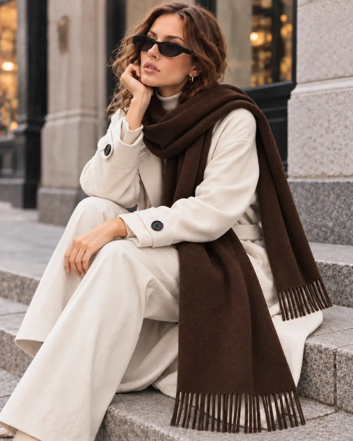 Soft Feel Kadın Atkı Şal – Yumuşak Dokulu Geniş Oversize Püsküllü Omuz Şalı - Kahve