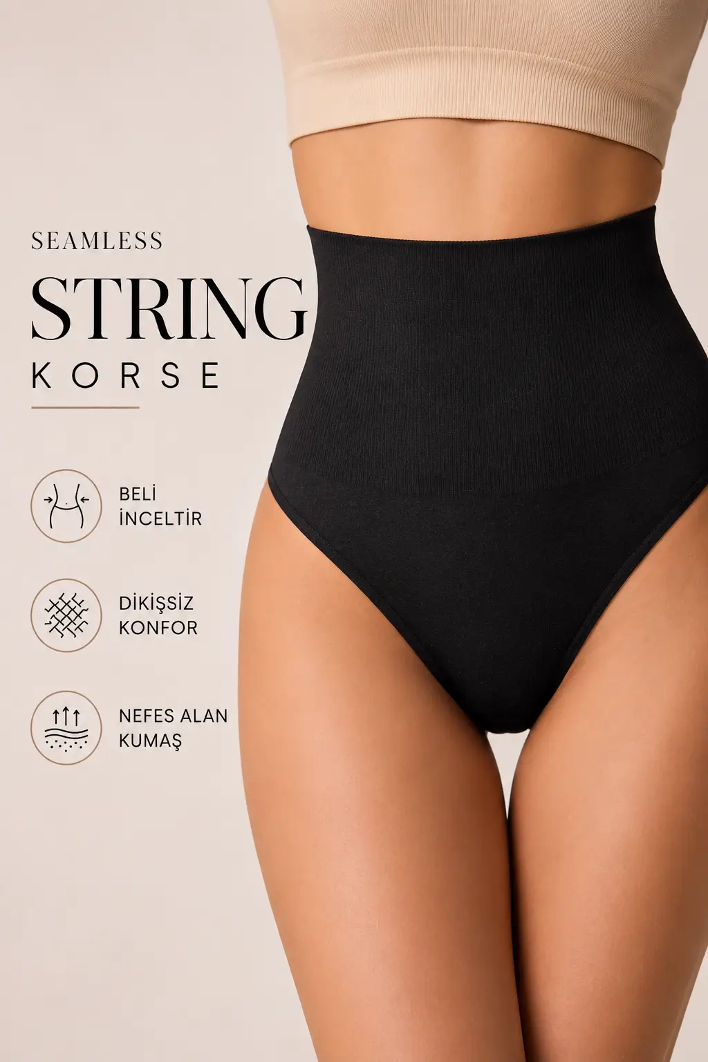 Yüksek Bel Lazer Kesim String Korse Külot İz Yapmayan İnceltici Sıkılaştırıcı Göbek Karın Bel Toparlayıcı - Siyah