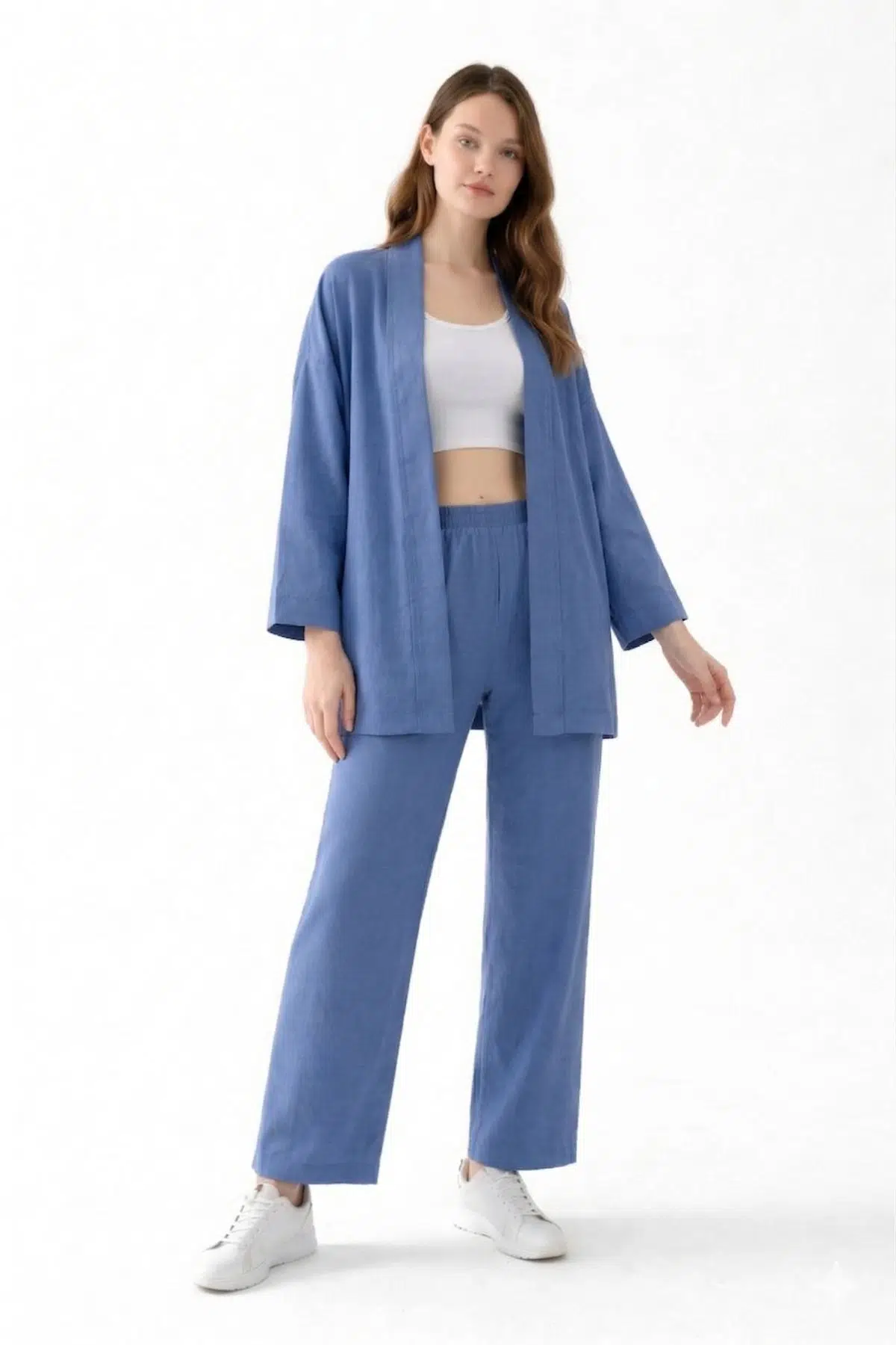 Zen Elegance Kadın Kimono Takım - Geniş Paça Keten Dokulu Alt Üst Yazlık Kadın Takım - İndigo Mavi
